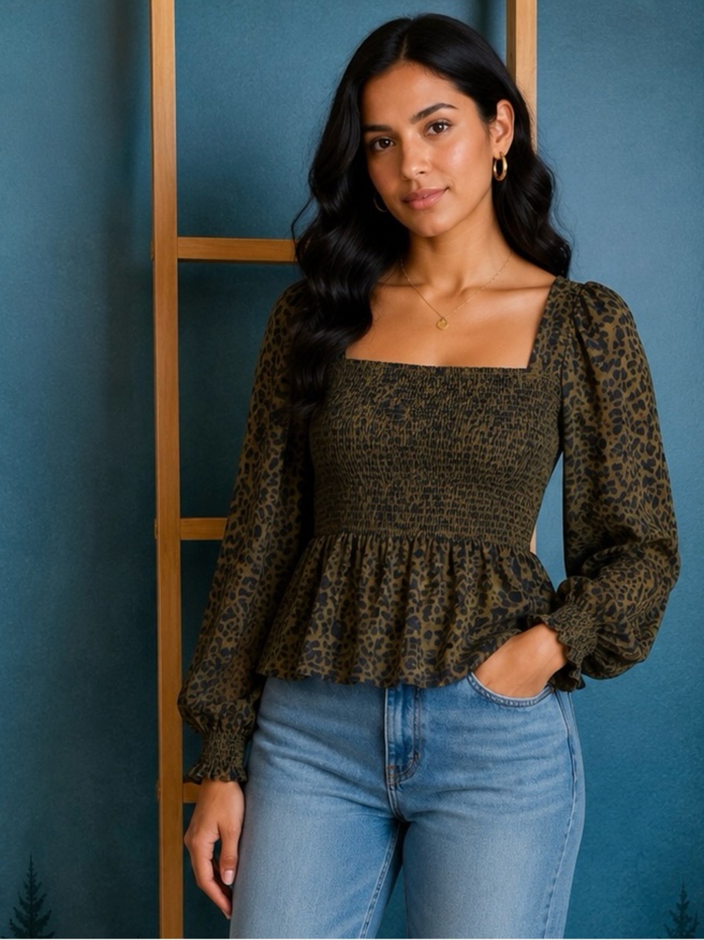 Nine West Olive Leopard Smocked Peplum Blouse